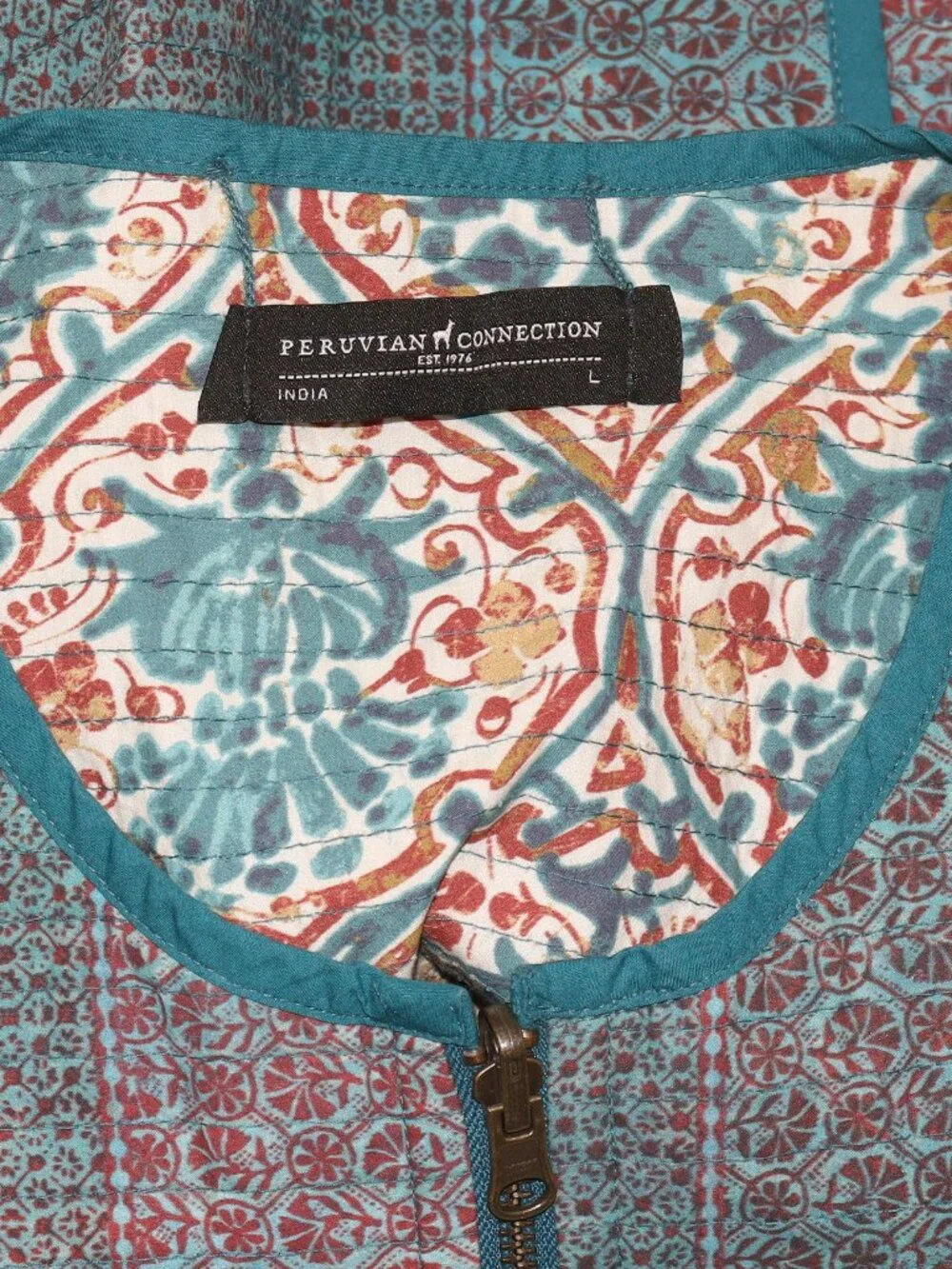 Peruvian Connection Anya Reversible Jacket Block Print Floral Zip L